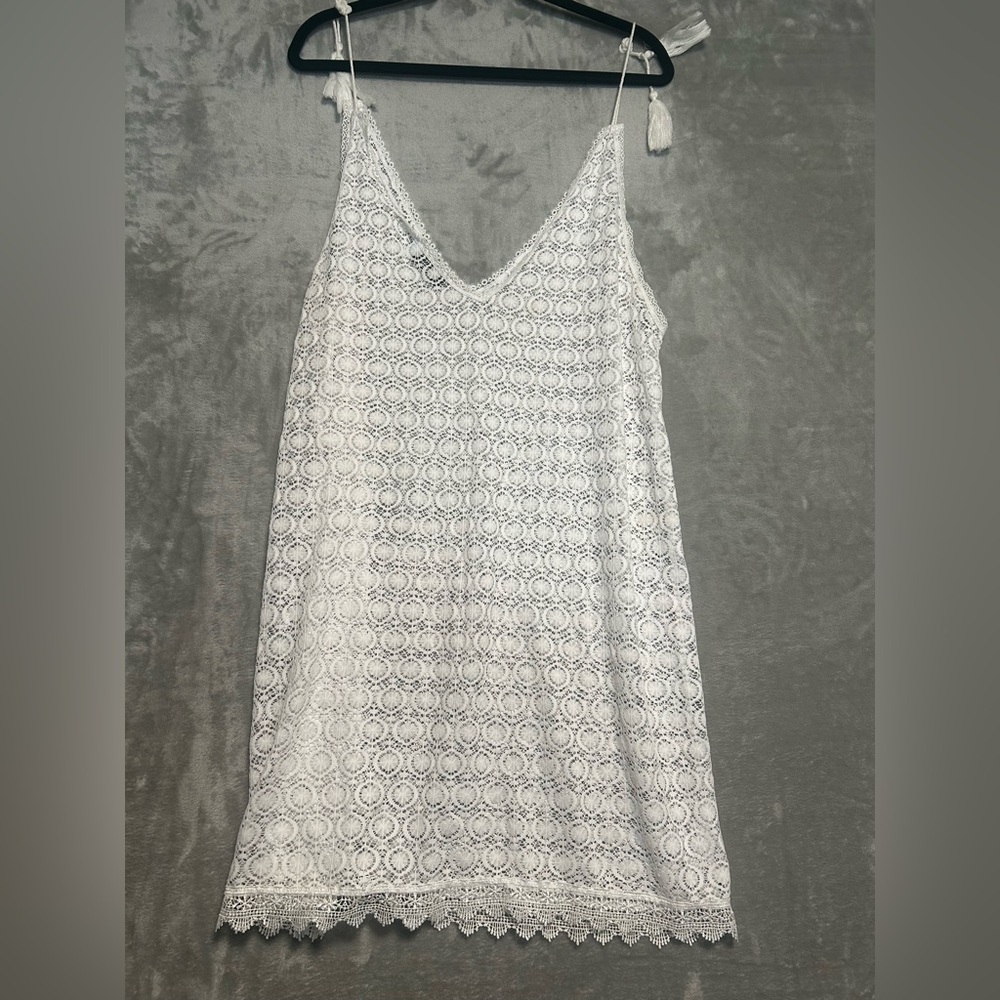 Serra Lace See Through Swim Coverup Dress Women’s Large White Tie Straps - Picture 2 of 9
